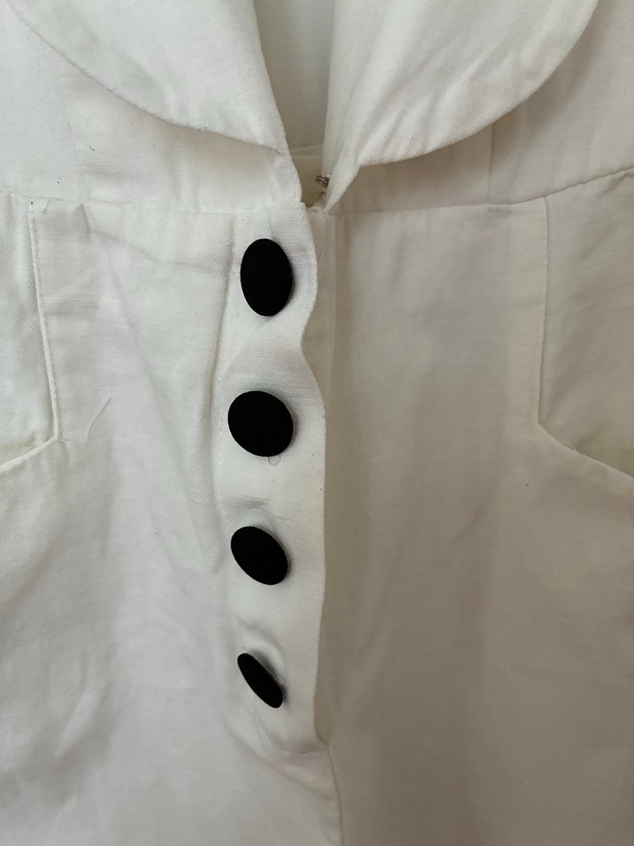 Düğmeli Keten Beyaz Midi Tulum - Görsel 3