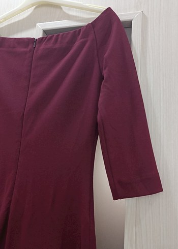 Diğer Bordo Midi Kalem Elbise, Kayık Yaka, Drapeli