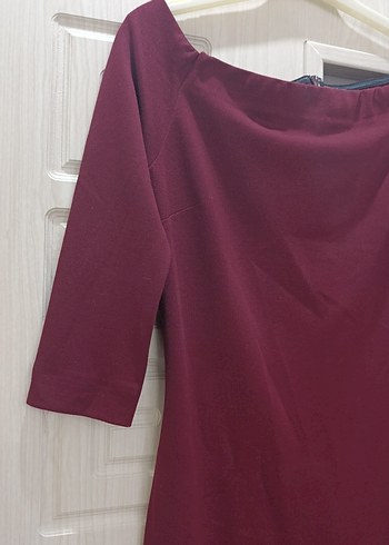 Bordo Midi Kalem Elbise, Kayık Yaka, Drapeli
