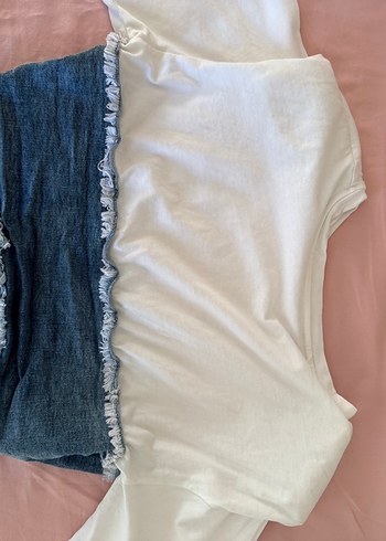 l Beden Sagaza Denim Detaylı Beyaz Crop Top