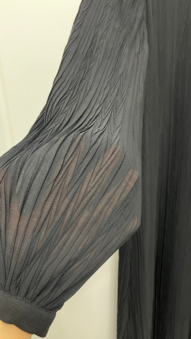 Siyah Piliseli Uzun Keten Elbise - Görsel 4