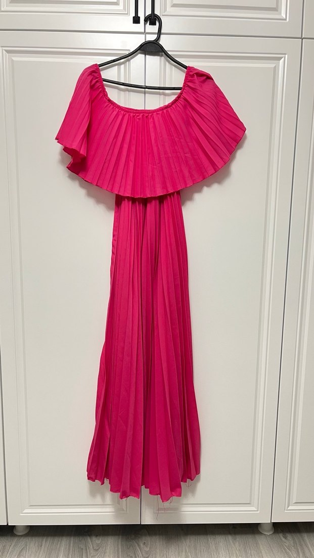 Pembe Pilili Uzun Bohem Elbise - Görsel 2