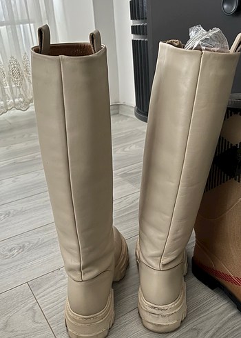 Bej Deri Diz Boyu Kadın Çizme - Görsel 2