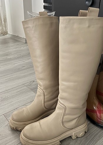 Bej Deri Diz Boyu Kadın Çizme - Görsel 3
