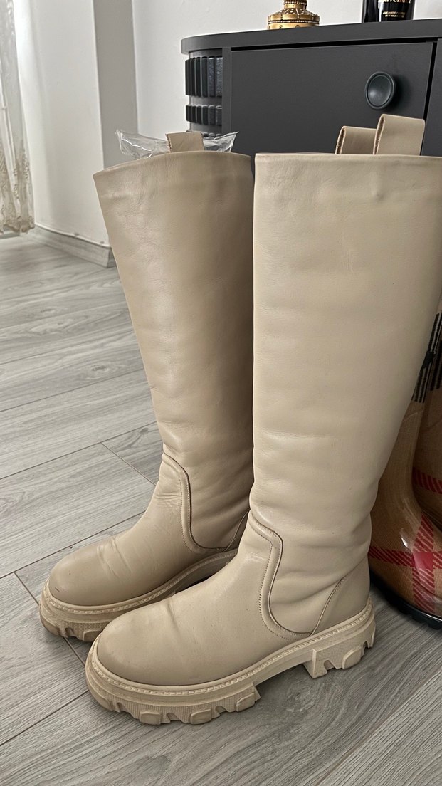 Bej Deri Diz Boyu Kadın Çizme - Görsel 3