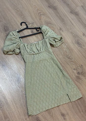 Kısa Balon Kol Kare Yaka Su Yeşili Mini Elbise - Görsel 5