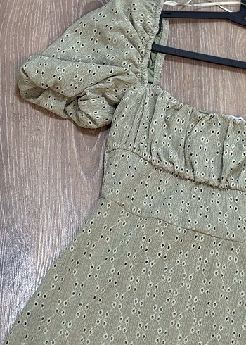 Kısa Balon Kol Kare Yaka Su Yeşili Mini Elbise - Görsel 2