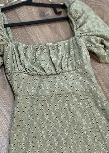 Kısa Balon Kol Kare Yaka Su Yeşili Mini Elbise - Görsel 8