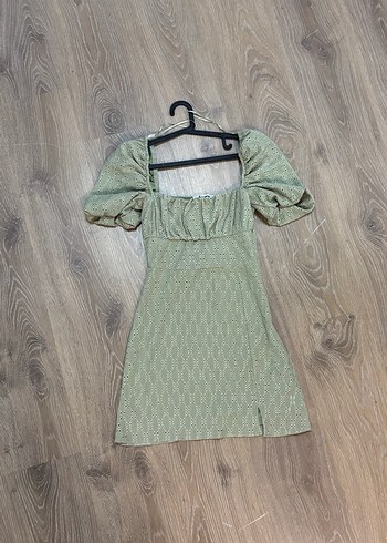 Kısa Balon Kol Kare Yaka Su Yeşili Mini Elbise - Görsel 3