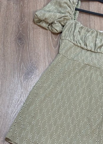 Kısa Balon Kol Kare Yaka Su Yeşili Mini Elbise - Görsel 7