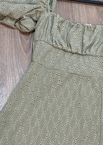 Kısa Balon Kol Kare Yaka Su Yeşili Mini Elbise - Görsel 4