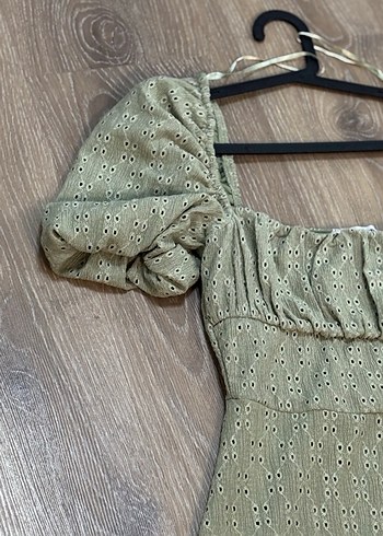 Kısa Balon Kol Kare Yaka Su Yeşili Mini Elbise - Görsel 6