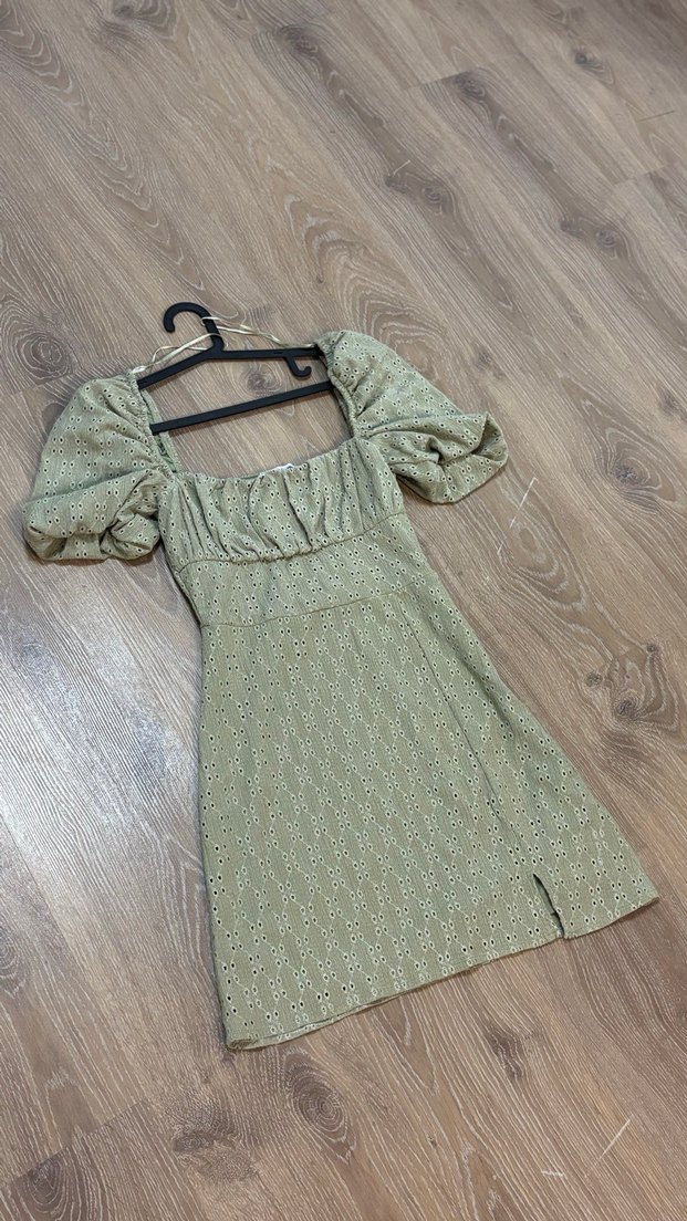 Kısa Balon Kol Kare Yaka Su Yeşili Mini Elbise - Görsel 5