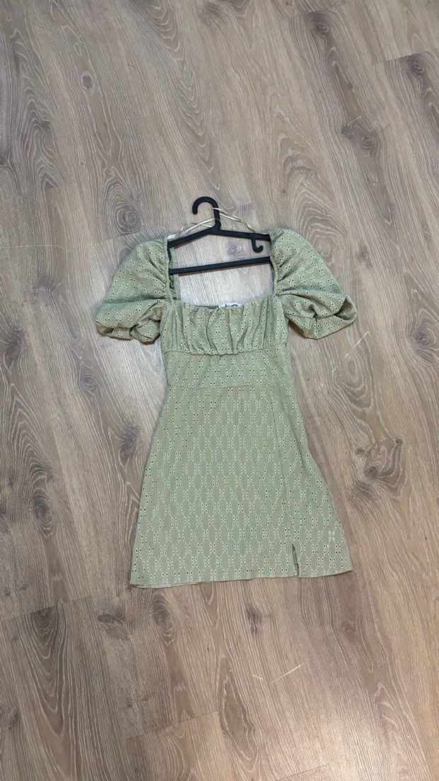 Kısa Balon Kol Kare Yaka Su Yeşili Mini Elbise - Görsel 3