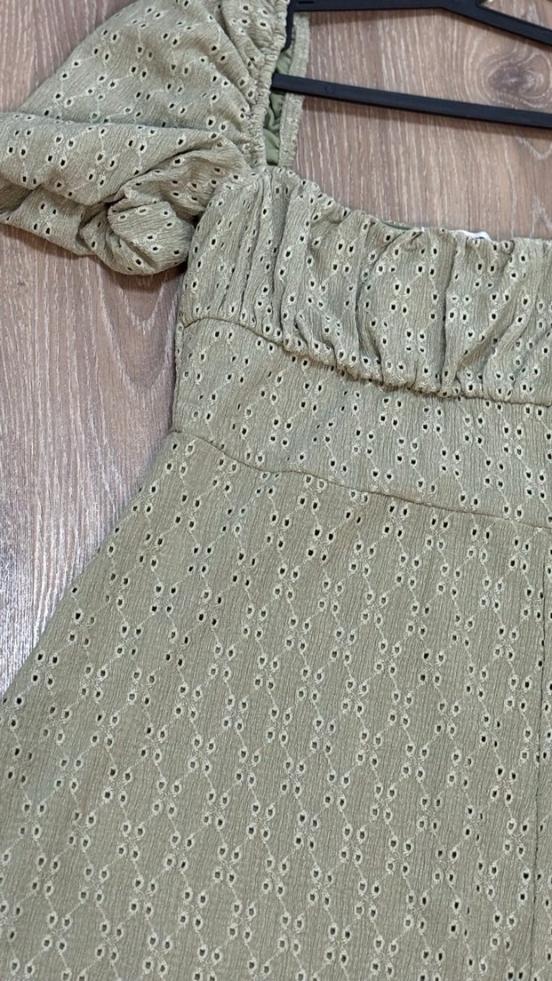 Kısa Balon Kol Kare Yaka Su Yeşili Mini Elbise - Görsel 4