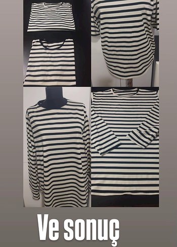 Kadın -Beyaz Çizgili Kısa Kollu Tişört uzun kollu tunik - Görsel 2