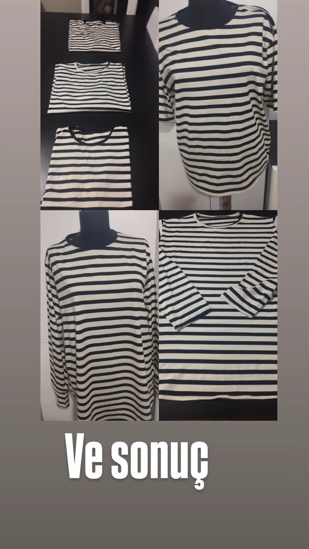 Kadın -Beyaz Çizgili Kısa Kollu Tişört uzun kollu tunik - Görsel 2