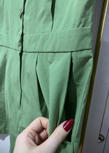 Kadın Yeşil Keten Kısa Tulum - Görsel 5