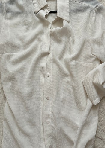 Düğmeli Beyaz Keten Kadın Gömlek - Görsel 2