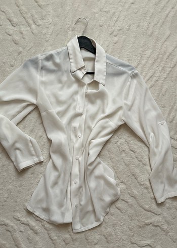 Düğmeli Beyaz Keten Kadın Gömlek - Görsel 3