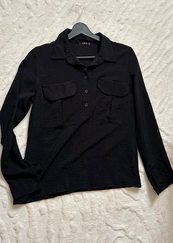 Siyah Keten Uzun Kollu Düğmeli Kadın Gömlek - Görsel 3