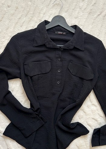 Siyah Keten Uzun Kollu Düğmeli Kadın Gömlek - Görsel 2