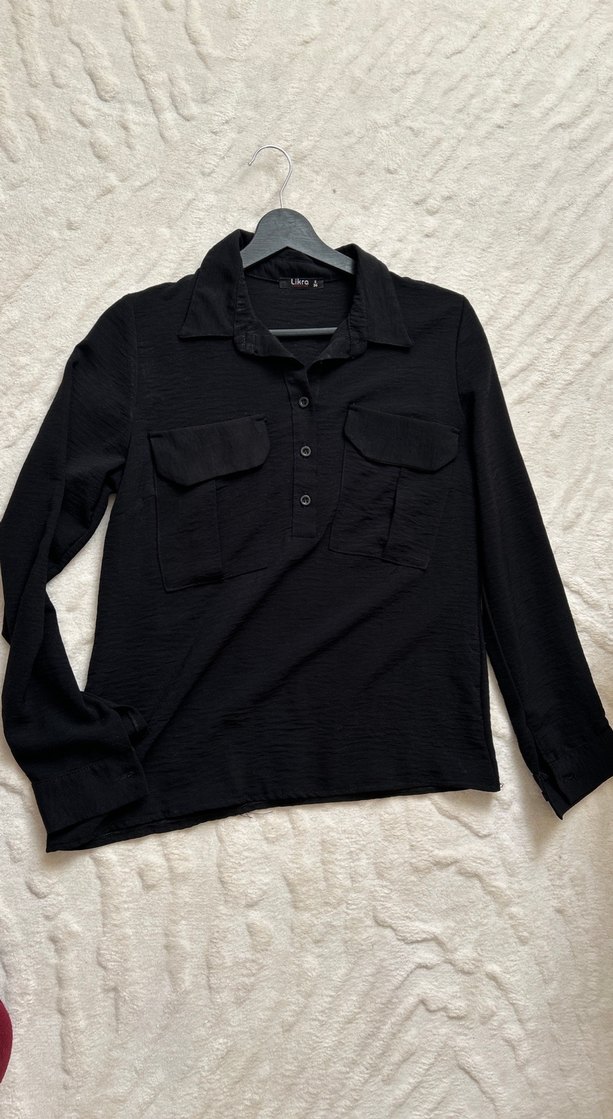 Siyah Keten Uzun Kollu Düğmeli Kadın Gömlek - Görsel 3