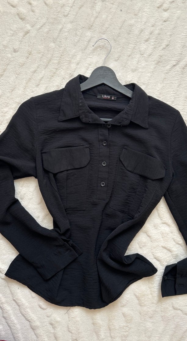 Siyah Keten Uzun Kollu Düğmeli Kadın Gömlek - Görsel 2