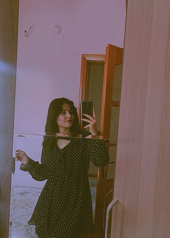 Siyah Puantiyeli V Yaka Midi Elbise - Görsel 2