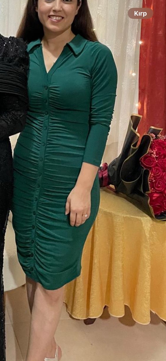 V Yaka Uzun Kollu Haki Midi Elbise - Görsel 2