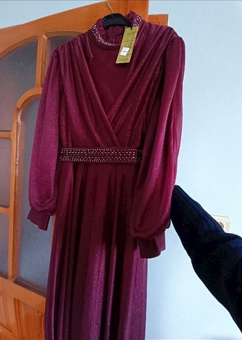 Bordo Uzun Kollu Drapeli Abiye Elbise - Görsel 3