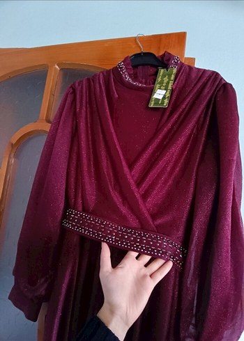 Bordo Uzun Kollu Drapeli Abiye Elbise - Görsel 4