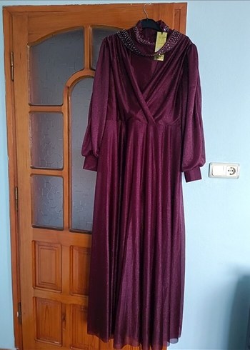 Bordo Uzun Kollu Drapeli Abiye Elbise - Görsel 5