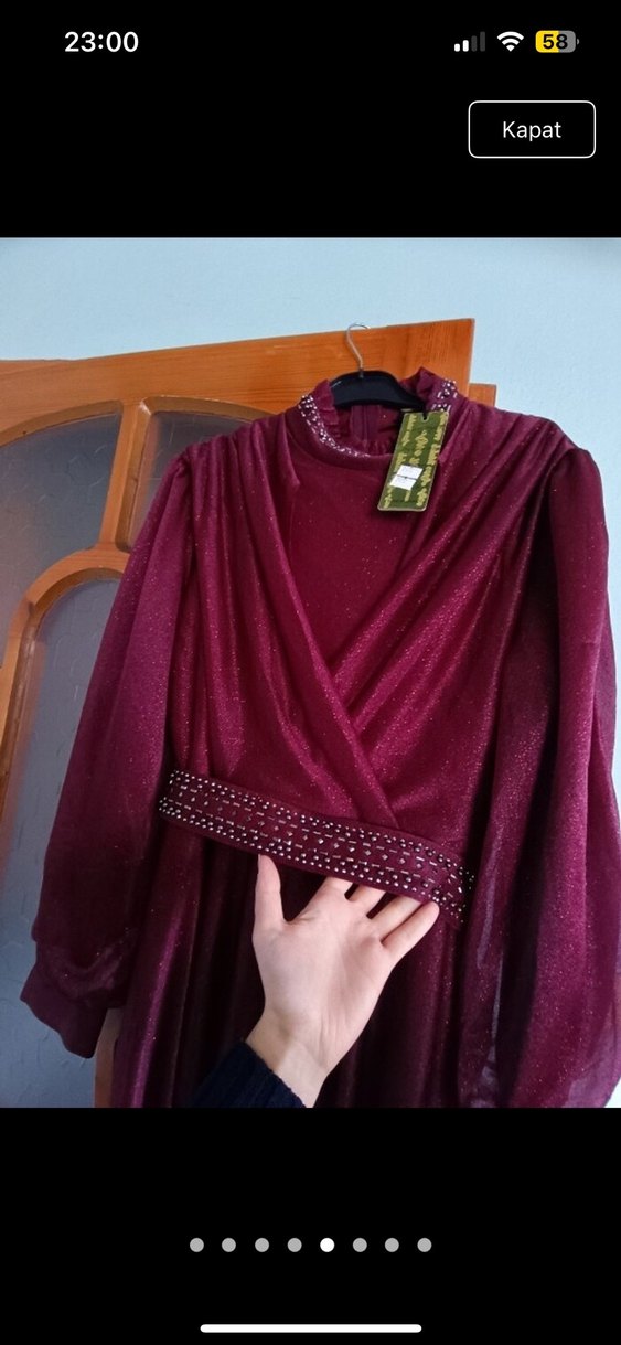 Bordo Uzun Kollu Drapeli Abiye Elbise - Görsel 4