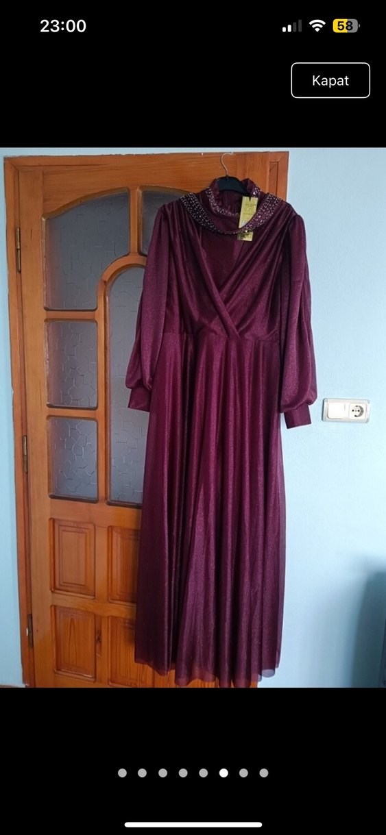 Bordo Uzun Kollu Drapeli Abiye Elbise - Görsel 5