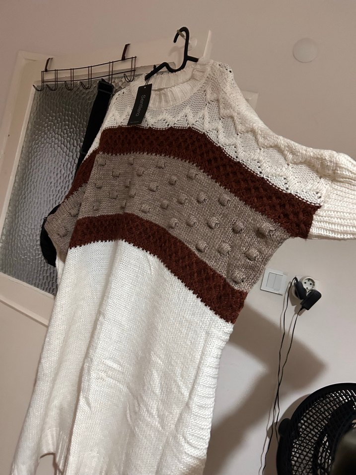 Bohem Tarz Uzun Örgü Kadın Kazak panço - Görsel 3