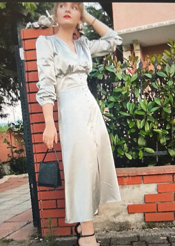 BSL FASHION Gri V Yaka Uzun Düğmeli Kadın Elbise