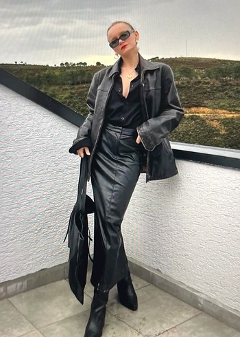 Zara Kadın Siyah Deri Uzun etek