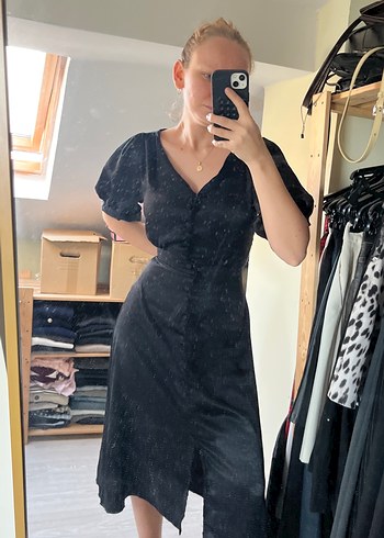 Siyah Midi Elbise V Yaka Düğmeli - Görsel 8