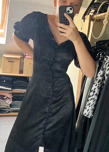 Siyah Midi Elbise V Yaka Düğmeli - Görsel 9