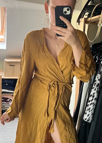 Sarı, V Yaka, Uzun, Bol Kesim Kadın Elbise kimono - Görsel 4