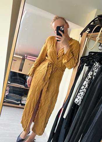 Sarı, V Yaka, Uzun, Bol Kesim Kadın Elbise kimono - Görsel 2