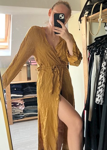 Sarı, V Yaka, Uzun, Bol Kesim Kadın Elbise kimono - Görsel 6