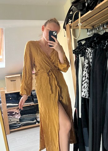 Sarı, V Yaka, Uzun, Bol Kesim Kadın Elbise kimono - Görsel 3