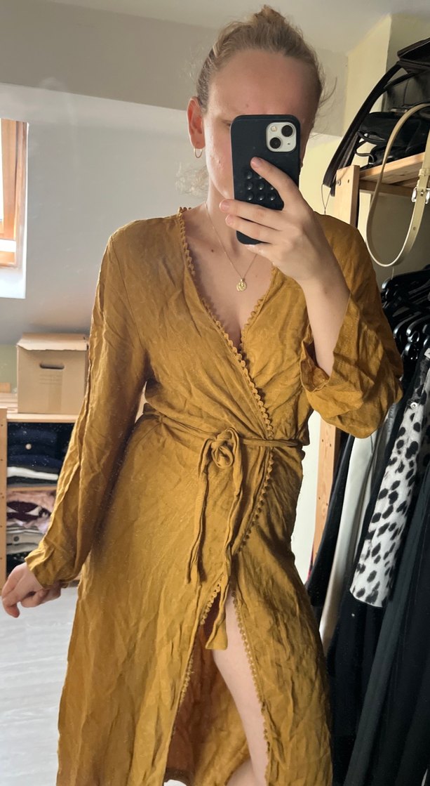 Sarı, V Yaka, Uzun, Bol Kesim Kadın Elbise kimono - Görsel 4