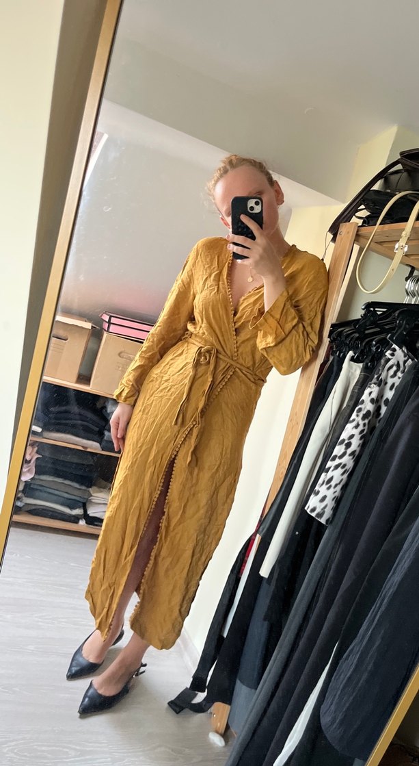 Sarı, V Yaka, Uzun, Bol Kesim Kadın Elbise kimono - Görsel 2