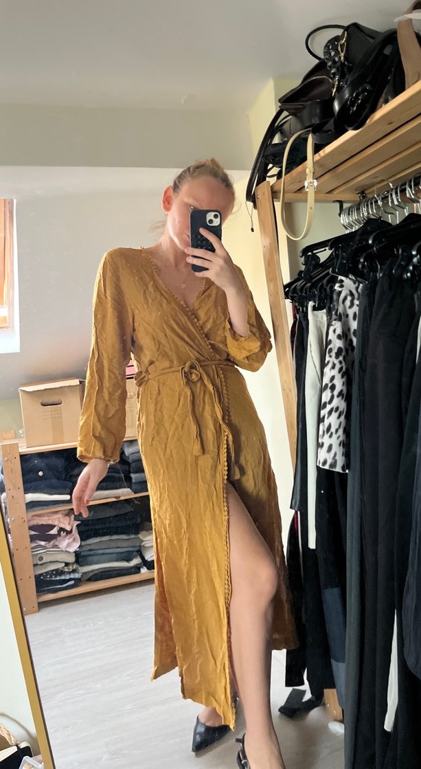 Sarı, V Yaka, Uzun, Bol Kesim Kadın Elbise kimono - Görsel 3