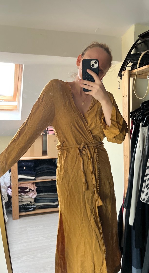 Sarı, V Yaka, Uzun, Bol Kesim Kadın Elbise kimono - Görsel 5