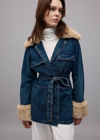 Diğer Kadın Denim Ceket Kürklü Detaylı Midi Boy
