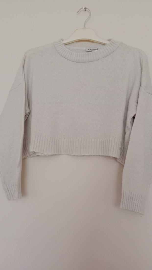 Gri Kısa Kesim Örgü Kadın Kazak - Görsel 3